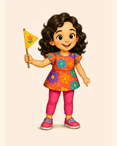 Mia smiles and holds a small yellow flower flag.