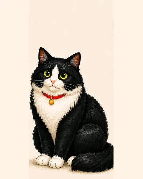 Misty, a large black-and-white tuxedo cat, sits with her red collar and gold tag.