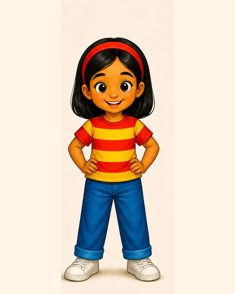 Ray smiles with her hands on her hips, wearing her red-and-yellow shirt and smooth red headband.