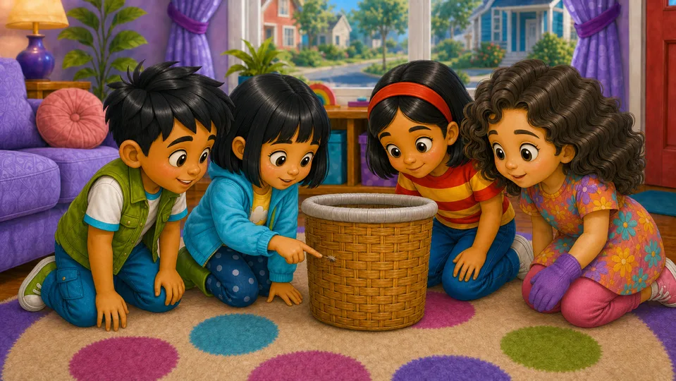 Ray and her friends kneel around a laundry basket while Jun points to a tiny patch of black-and-white fur.