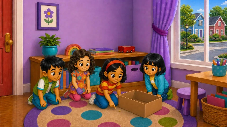 Ray points to a tiny piece of yellow fuzz beside Misty's empty cardboard box while her friends look closely.