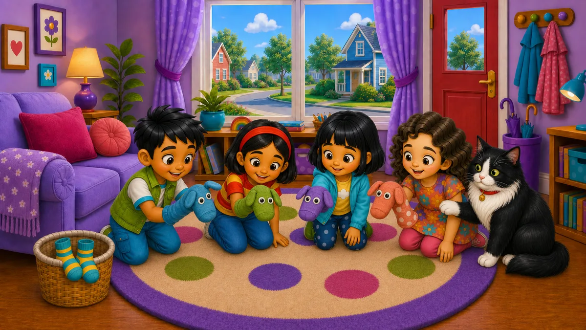 Don, Ray, Jun, and Mia play with colorful sock puppets while Misty sits beside them and rests one paw on Mia's puppet.