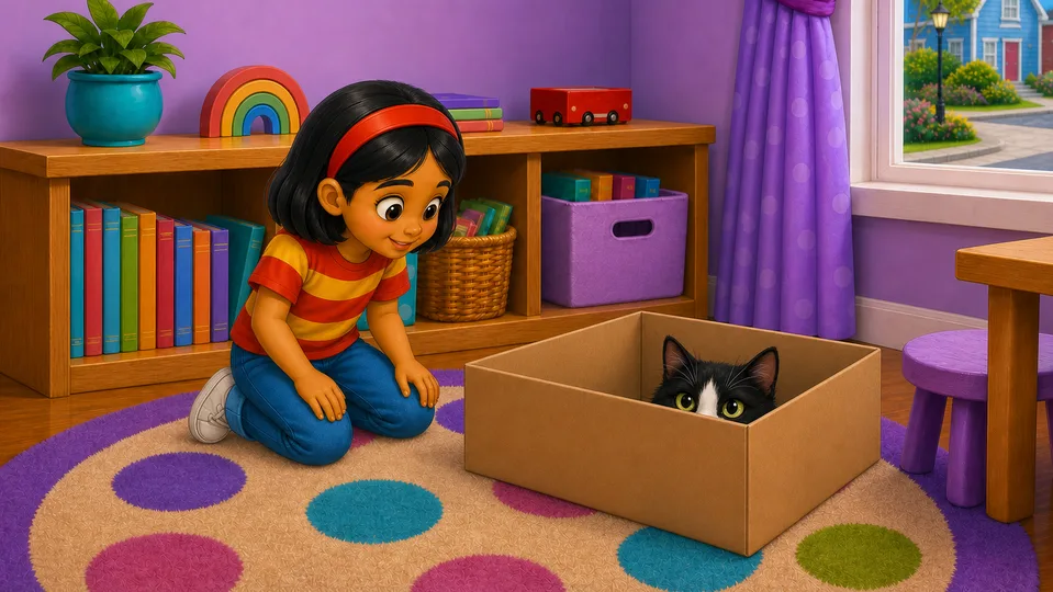Ray kneels a gentle step away from a cardboard box while Misty's golden-green eyes peek over the edge.