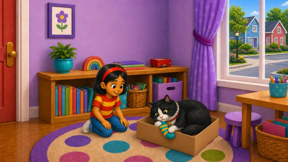 Misty curls inside the cardboard box with one white paw resting on the missing teal-and-yellow striped sock as Ray smiles nearby.